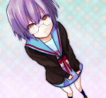  blush cardigan glasses nagato_yuki purple_hair sakuma_(sheath) school_uniform serafuku short_hair solo suzumiya_haruhi_no_shoushitsu suzumiya_haruhi_no_yuuutsu yellow_eyes 