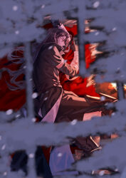  1boy absurdres arm_pillow bandaged_arm bandages bandages_over_clothes black_boots black_coat black_hair black_pants blood blood_on_bandages blurry blurry_foreground boots cape chinese_commentary coat commentary_request covered_mouth curtained_hair feet_out_of_frame from_outside hair_between_eyes highres jiemuye lianhua_blood_duck_(the_tale_of_food) long_hair long_sleeves lying male_focus on_floor on_side pants poleyn profile red_cape seal_impression sleeping snowing solo the_tale_of_food through_window unworn_cape very_long_hair wooden_floor 