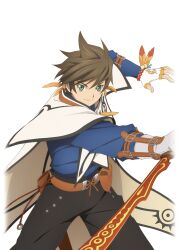  1boy artist_request belt belt_bag black_pants blue_shirt brown_belt brown_hair closed_mouth coat cowboy_shot earrings feather_earrings feathers fighting_stance fingerless_gloves game_cg gloves green_eyes holding holding_sword holding_weapon jewelry looking_at_viewer official_art orange_feathers pants sheath shirt short_hair smile solo sorey_(tales) sword tales_of_(series) tales_of_asteria tales_of_zestiria third-party_source transparent_background weapon white_coat white_gloves 