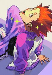  1boy arm_support black_shirt commentary_request from_behind haikyuu!! highres jacket looking_at_viewer male_focus open_clothes open_jacket open_mouth purple_track_suit red_eyes red_hair shirt sitting solo sparkle teeth tendou_satori tkr_241 track_suit twitter_username 