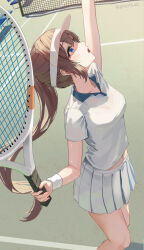  1girl arm_up blue_collar blue_eyes breasts brown_hair character_request check_character collar commentary_request contrast_collar guree_(haiiro) highres holding holding_racket holding_tennis_racket looking_up midriff_peek navel open_mouth original outdoors playing_sports pleated_skirt ponytail racket shirt short_sleeves sidelocks skirt small_breasts solo sportswear tennis tennis_court tennis_net tennis_racket tennis_skirt tennis_uniform thighs twitter_username white_shirt wrist_cuffs 