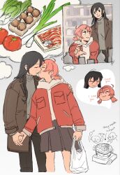  2girls bag black_eyes black_hair black_pants blush bok_choy brown_coat brown_skirt coat egg food grugby hand_on_another's_shoulder highres holding_hands hotpot jacket kiss koito_yuu long_hair meat multiple_girls nanami_touko pants parted_lips pink_eyes pink_hair pleated_skirt red_jacket shopping shopping_bag short_twintails skirt spring_onion tomato twintails yagate_kimi_ni_naru yuri 