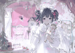  1girl absurdres angel angel_wings balabling black_eyes black_hair blunt_bangs bow broken closed_mouth collared_dress commentary dress drill_hair english_commentary feathered_wings hair_bow hair_ribbon halo highres holding indoors long_sleeves nutcracker original pink_halo pink_ribbon ribbon short_hair solo stuffed_animal stuffed_toy teddy_bear toy_train twin_drills white_bow white_dress white_wings wings 