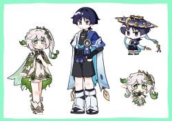  1boy 1girl akt_eak anklet aqua_gem arm_at_side armlet armor arms_at_sides asymmetrical_sidelocks belt black_belt black_bodysuit black_bow black_bridal_gauntlets black_hair black_sandals black_shorts bloomers blue_cape blue_kimono blue_sleeves blunt_ends bodysuit border bow bracelet bridal_gauntlets cape chibi chibi_inset choppy_bangs closed_mouth colored_tips commentary_request detached_sleeves eyelashes eyeliner feathers furisode gem genshin_impact gold gold_ring gradient_hair green_border green_eyes green_gem green_hair green_sleeves hair_intakes hair_ornament half_crown_braid hand_on_own_chest hand_on_own_hip japanese_armor japanese_clothes jewelry juban kimono kote kurokote layered_sleeves leaf leaf_hair_ornament leg_warmers long_hair looking_at_viewer makeup mandarin_collar middle_ring multicolored_hair nahida_(genshin_impact) open_clothes open_kimono open_mouth pointy_ears pom_pom_(clothes) purple_rope purple_sash red_eyeliner rope sandals sash scaramouche_(genshin_impact) short_sleeves shorts side_cape side_ponytail sidelocks smile socks standing streaked_hair tareme tassel toeless_legwear toeless_socks violet_eyes vision_(genshin_impact) wanderer_(genshin_impact) white_background white_bloomers white_hair white_kimono white_leg_warmers white_sleeves white_socks white_trim yellow_feathers yellow_pupils zouri 