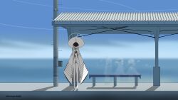  1girl 4girls absurdres blue_archive blue_sky chimaera_scre clouds day dress halo highres landscape large_hat long_hair malkuth_(blue_archive) multiple_girls ocean outdoors ring_of_light_(blue_archive) scenery sky solo standing sunlight train_station_platform very_long_hair water white_dress white_hair yellow_eyes yellow_halo 