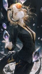  1girl absurdres black_horns black_necktie black_pants black_suit blonde_hair collared_shirt commentary commission crystal english_commentary flower hair_flower hair_ornament highres horns looking_at_viewer necktie original pants parted_lips renoahh shirt short_hair solo suit tail thank_you white_shirt yellow_eyes 