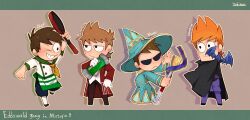  >_o 4boys antenna_hair aqua_hat aqua_robe arm_up bat_(animal) black_cape black_eyes black_pants black_shoes blush brown_background brown_hair brown_pants cape chef_(miitopia) chef_(miitopia)_(cosplay) chibi chibi_only coat commentary cosplay drop_shadow edd_(eddsworld) eddsworld english_text eye_contact fewer_digits flipped_hair frying_pan grin hair_ears hat highres holding holding_frying_pan holding_staff hollow_eyes jitome letterboxed looking_at_another mage_(miitopia) mage_(miitopia)_(cosplay) male_focus matt_(eddsworld) miitopia multiple_boys neckerchief one_eye_closed open_clothes open_coat orange_hair pants purple_coat purple_pants red_coat robe sahikoro_(yuzucucm) scientist_(miitopia) scientist_(miitopia)_(cosplay) shirt shoes short_hair signature simple_background smile socks spiky_hair staff standing standing_on_one_leg swept_bangs tom_(eddsworld) toon_(style) tord_(eddsworld) vampire vampire_(miitopia) vampire_(miitopia)_(cosplay) white_shirt white_socks wizard wizard_hat yellow_neckerchief 