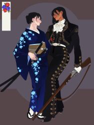 2girls arm_around_waist black_hair blue_kimono charro commentary dark-skinned_female dark_skin english_commentary floral_print floral_print_kimono gloves gun high_heels highres holding holding_gun holding_weapon japanese_clothes katana kimono mexican_clothes mole mole_under_eye multiple_girls original print_kimono rifle sandals scabbard sheath smile sword thetrashbinoverthere weapon white_gloves yuri 