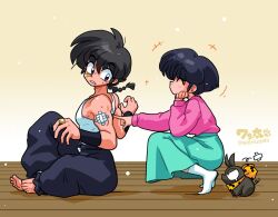  1boy 1girl ^_^ bandaid bandaid_on_arm bandaid_on_face bandaid_on_finger bandaid_on_hand barefoot black_hair black_pants blue_eyes blue_skirt braid closed_eyes laughing muscular muscular_male p-chan_(ranma_1/2) pants pig pink_sweater ranma_1/2 saotome_ranma short_hair single_braid skirt socks squatting sweater tendou_akane wanta_(futoshi) white_socks yellow_background 