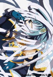  adjusting_hair anime_coloring armlet artist_name bandaged_head bandages bare_shoulders blue_eyes blue_hair blue_shirt blue_sleeves cape collared_cape dated detached_sleeves fortissimo fumiko_(mesushi) hair_ornament hairclip high_collar jewelry long_sleeves looking_at_viewer mahou_shoujo_madoka_magica mahou_shoujo_madoka_magica:_walpurgis_no_kaiten miki_sayaka musical_note musical_note_hair_ornament shirt short_hair simple_background strapless strapless_shirt two-tone_shirt watermark white_background white_cape white_shirt 