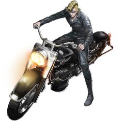  1boy black_boots black_jacket black_pants blonde_hair boots frown full_body glasses jacket leather leather_jacket leather_pants looking_at_viewer male_focus motor_vehicle motorcycle official_art on_motorcycle pants pompadour riding shirt solo tatsunuma_tatsuto tinted_eyewear transparent_background tribe_nine white_shirt yellow_eyes 