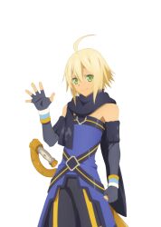  1boy ahoge artist_request black_gloves black_pants black_scarf blonde_hair blue_shirt clenched_hand closed_mouth commentary cowboy_shot elbow_gloves emil_castagnier fingerless_gloves game_cg gloves green_eyes looking_at_viewer official_art pants scarf sheath sheathed shirt short_hair sleeveless sleeveless_shirt smile solo standing sword tales_of_(series) tales_of_asteria tales_of_symphonia tales_of_symphonia_knight_of_ratatosk third-party_source transparent_background waving weapon 
