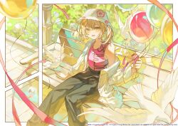  1girl :d azusawa_kohane balloon belt bench bird black_belt black_pants blonde_hair border break_down_the_wall_(project_sekai) bubble commentary_request feet_out_of_frame guest_art hat heart heart_necklace highres holding holding_balloon jacket jewelry looking_at_viewer necklace official_alternate_costume official_art on_bench open_clothes open_jacket open_mouth outdoors outside_border pants pink_shirt project_sekai shirt side_ponytail sitting smile solo sumi_0525 tongue twintails white_bird white_border white_hat white_jacket yellow_eyes 