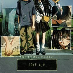  1boy 1girl album_cover animal_bag bag baggy_pants black_eyes black_hair black_shoes black_skirt bloom blue_shirt cardcaptor_sakura cd_player character_bag close-up closed_mouth collared_shirt commentary cover covered_eyes day dress_shirt empty_eyes english_commentary expressionless eyepatch floating_hair fuuin_no_tsue graffiti green_pants hair_over_eyes half-closed_eyes head_out_of_frame headphones hetero highres holding_hands interlocked_fingers jojidoboro kero_(cardcaptor_sakura) light_frown long_hair looking_down looking_to_the_side loose_socks making-of_available mary_janes medical_eyepatch medium_skirt multiple_views official_art original outdoors pants pleated_skirt school_uniform shirt shoes short_hair short_sleeves shoulder_bag skirt socks standing t-shirt untucked_shirt white_shoes wing_collar 