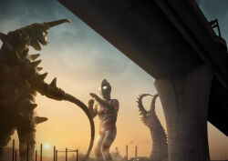  1other 2boys chest_jewel clouds commentary_request debris dust factory fence fighting_stance forked_tail gem giant giant_insect giant_monster glowing glowing_eyes gudon highres horns ito_nobuhiko kaette_kita_ultraman kaiju lamppost multiple_boys no_pupils open_mouth outdoors overpass partial_commentary photo_background red_gem smokestack spikes standing sun sunset tail tentacle_hands tokusatsu tree twin_tail_(ultra_series) ultra_series ultraman_jack white_eyes 