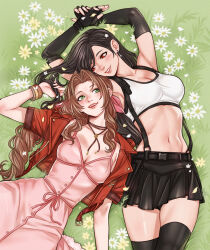  2girls aerith_gainsborough arms_up black_hair black_thighhighs braid braided_ponytail brown_hair choker commentary crop_top crylin6 dress final_fantasy final_fantasy_vii final_fantasy_vii_remake fingerless_gloves flower flower_choker gloves green_eyes highres jacket long_dress lying miniskirt multiple_girls navel on_back pink_dress pleated_skirt red_eyes red_jacket skirt stomach suspender_skirt suspenders tank_top thigh-highs tifa_lockhart untranslatable_commentary white_tank_top 