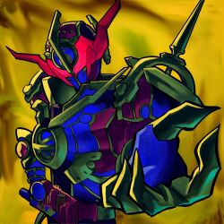  1boy armor blue_armor build_driver commentary cowboy_shot highres kamen_rider kamen_rider_build_(series) kamen_rider_evol male_focus red_armor red_eyes solo tokusatsu untranslatable_commentary wani_trt 