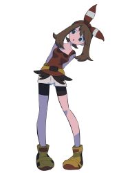  1girl arms_behind_back bike_shorts bike_shorts_under_skirt black_shorts blue_eyes bow bow_hairband brown_hair full_body hairband highres ida_(idalol490) leaning_to_the_side may_(pokemon) open_mouth pokemon pokemon_oras red_bow red_hairband red_shirt shirt shoes short_hair shorts sleeveless sleeveless_shirt solo standing white_background white_shorts yellow_shoes 