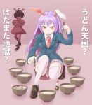  animal_ears aosode black_hair blazer bunny_ears check_translation chopsticks crossed_arms inaba_tewi long_hair multiple_girls necktie pleated_skirt pun purple_hair rabbit_ears red_eyes reisen_udongein_inaba skirt smile soy_sauce thigh-highs thighhighs touhou translation_request udon white_legwear 