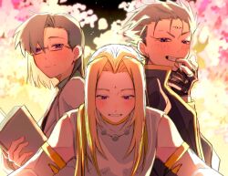  3boys blonde_hair book cho_hakkai cigarette commentary_request facial_mark fingerless_gloves forehead_mark genjou_sanzou glasses gloves highres holding holding_book long_hair male_focus multiple_boys saiyuki sha_gojou short_hair sleeveless smile teeth upper_body violet_eyes yamada_otaa 