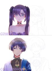  1boy 1girl armor armpit_crease bare_shoulders black_bodysuit black_bow black_choker black_hair blue_cape blue_eyes blunt_bangs blunt_ends bodysuit bow cape choker choppy_bangs closed_mouth collarbone commentary commission covered_collarbone different_zoom_layer earrings english_commentary eyelashes eyeliner genshin_impact gold gold_earrings hair_between_eyes hair_bow hair_intakes half-closed_eyes hand_on_another's_face highres japanese_armor japanese_clothes jewelry kimono kote looking_at_viewer makeup mandarin_collar mitsudomoe_(shape) mona_(genshin_impact) naysucc neck_ring open_clothes open_kimono open_mouth parted_bangs pink_lips purple_hair red_eyeliner rope scaramouche_(genshin_impact) shimenawa shoulder_peek side_cape sidelocks smug split_screen star_(symbol) star_choker sweatdrop teeth tomoe_(symbol) tsurime twintails upper_teeth_only violet_eyes wanderer_(genshin_impact) white_background white_kimono white_sleeves 