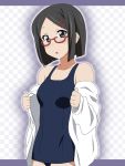  black_eyes black_hair dress_shirt glasses ikari_manatsu k-on! okuda_nao school_swimsuit shirt short_hair swimsuit 