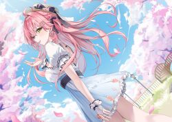  1girl absurdres ahoge birthday black_bow black_ribbon blue_skirt blue_sky bow bridge brown_hat cherry_blossoms clouds commentary day dutch_angle earrings fence frilled_gloves frilled_skirt frills from_below from_side gloves grass green_eyes hair_intakes hair_ornament hairclip hand_up happy_birthday hat hat_bow hat_ribbon high-waist_skirt highres hololive jewelry lamppost long_hair looking_at_viewer mi_ke0224 open_mouth outdoors park pink_hair profile puffy_short_sleeves puffy_sleeves ribbon ring sakura_miko shirt short_sleeves skirt sky smile solo thighs tree untranslatable_commentary virtual_youtuber white_gloves white_shirt 