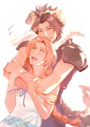 1boy 1girl aerith_gainsborough animal_ears armor bare_arms black_hair blush braid braided_ponytail brown_hair closed_eyes commentary couple crisis_core:_final_fantasy_vii dog_ears dog_tail dress final_fantasy final_fantasy_vii flat4444 furry green_eyes hands_on_another's_arm happy hetero highres hug hug_from_behind long_hair open_mouth parted_bangs ponytail rabbit_ears short_hair shoulder_armor smile tail untranslatable_commentary upper_body white_background white_dress zack_fair 