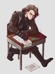  1boy anakin_skywalker black_boots black_gloves blue_eyes boots brown_hair crayon crayon_drawing desk glacier_gladis gloves grey_background highres holding holding_crayon looking_to_the_side paper scar scar_across_eye scar_on_face school_desk short_hair signature simple_background sitting solo star_wars 