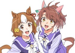  2girls :d ahoge animal_ears back_bow belno_light_(umamusume) bow bowtie brown_eyes brown_hair checkered_ribbon commentary dantsu_flame_(umamusume) ear_covers ear_ribbon hair_between_eyes hair_ornament highres horse_ears horse_girl horse_tail horseshoe_ornament letter_hair_ornament long_sleeves looking_at_viewer multicolored_hair multiple_girls purple_sailor_collar purple_serafuku purple_shirt purple_skirt red_ribbon ribbon sailor_collar sailor_shirt school_uniform serafuku shirt short_hair simple_background skirt smile streaked_hair tail tracen_school_uniform two-tone_hair umamusume umamusume:_cinderella_gray white_background white_bow white_bowtie white_hair yokkest 