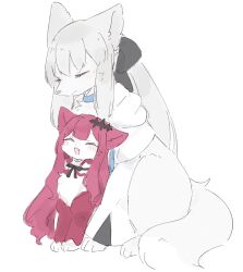  2girls baobhan_sith_(fate) black_bow blush bow braid closed_eyes fate/grand_order fate_(series) furry hair_between_eyes hair_bow half_up_braid highres kuzuyu long_hair morgan_le_fay_(fate) mother_and_daughter multiple_girls open_mouth pink_hair ponytail simple_background smile white_background white_hair 