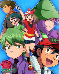  1girl 5boys absurdres arm_up artist_name ash_ketchum baseball_cap bike_shorts bike_shorts_under_shorts black-framed_eyewear black_hair black_shirt black_shorts black_socks blue_background blue_eyes blush brock_(pokemon) brown_eyes brown_hair closed_eyes closed_mouth collared_shirt commentary copyright_logo copyright_name dark-skinned_male dark_skin drew_(pokemon) english_commentary eyelashes fanny_pack flower gloves green_eyes green_hair green_hat green_shirt harley_(pokemon) hat highres holding holding_flower jacket logo long_hair max_(pokemon) may_(pokemon) medium_hair miyuki_tsukiyono multiple_boys open_clothes open_jacket open_mouth pokemon pokemon_(anime) pokemon_rse_(anime) purple_hair purple_jacket red_flower red_hat red_rose red_shirt red_shoes rose shirt shoes short_hair short_sleeves shorts skirt smile socks spiky_hair standing standing_on_one_leg white_gloves white_skirt yellow_bag 