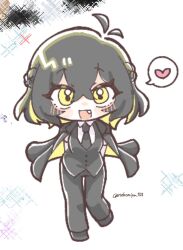  1girl :d antenna_hair arms_behind_back black_necktie black_pants black_suit black_vest blush braid chibi commentary_request fang full_body genderswap genderswap_(mtf) heart highres jacket jacket_on_shoulders kobayashi_luca leg_up looking_at_viewer necktie nekomiya_168 oshi_no_taisetsuna_hito_ni_narikawaru pants side_braids smile solo spoken_heart standing suit vest yellow_eyes 