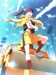  absurdres ahoge araragi_karen bakemonogatari bee bees black_hair brown_eyes condensation_trail highres hooded_track_jacket long_hair monogatari_(series) nisemonogatari open_mouth ponytail shorts sky socks solo steamroller watanabe_akio 