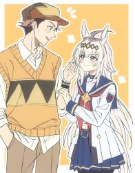  absurdres animal_ears ear_ornament glutton grey_tail hat highres horse_ears horse_girl horse_tail hpppp kitahara_jou midriff multicolored_hair newsboy_cap oguri_cap_(umamusume) old old_man sweater_vest tail two-tone_hair umamusume umamusume:_cinderella_gray 