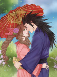  1boy 1girl aerith_gainsborough black_hair blue_eyes blue_sky blurry blurry_background blush braid braided_ponytail brown_hair clouds cloudy_sky commentary couple cross_scar crylin6 earrings english_commentary eye_contact face-to-face final_fantasy final_fantasy_vii flower from_side grass green_eyes hair_flower hair_ornament hair_ribbon hand_on_another's_hip height_difference hetero highres holding holding_umbrella hug japanese_clothes jewelry kimono long_hair looking_at_another oil-paper_umbrella open_mouth parted_lips pink_flower pink_kimono pink_ribbon profile purple_kimono ribbon sash scar scar_on_cheek scar_on_face sky smile spiky_hair stud_earrings umbrella upper_body zack_fair 