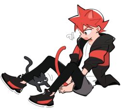  !? 1boy animal_ears black_cat black_leggings cat cat_boy cat_ears commentary_request crew_neck fang grey_shorts hood hood_down hooded_jacket jacket kemonomimi_mode korean_commentary leggings looking_at_animal male_focus naruko_shoukichi o_omome open_clothes open_jacket open_mouth red_eyes red_hair shirt shoes short_hair shorts simple_background sitting smile solo spiky_hair tail triangle_mouth white_background white_shirt yowamushi_pedal 