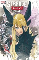  1girl absurdres armor blonde_hair blood blood_on_armor blue_eyes closed_mouth comic_cover copyright_logo copyright_name cover cover_page english_text eyeball flesh highres logo long_hair looking_at_viewer magik_(x-men) marvel numbered painting_(medium) pauldrons peach_momoko shoulder_armor signature single_pauldron solo spiked_pauldrons spikes traditional_media upper_body x-men 