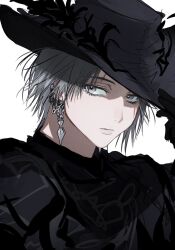  1girl black_hat ear_piercing earrings expressionless ff14nm final_fantasy final_fantasy_xiv grey_eyes grey_hair hand_on_headwear hat highres jewelry looking_at_viewer piercing portrait short_hair simple_background solo tricorne white_background zero_(ff14) 