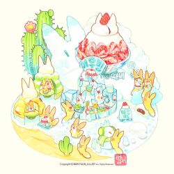  +_+ animal bottle bowl brain_freeze cactus chibi chibi_only commentary_request copyright_notice earmuffs eating flower food fox fruit heart heart-shaped_eyes holding holding_bowl holding_spoon holding_tray igloo korean_commentary korean_text no_humans original pink_flower sand scarf shaved_ice sign snow snow_sculpture snow_shelter snowman spoon strawberry table talbi tray watermark 