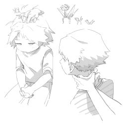  1boy closed_mouth from_behind greyscale hanamura_yousuke hand_on_another's_head hands_on_another's_neck highres kkyagdoyo164972 korean_text male_focus monochrome multiple_views origami out_of_frame own_hands_clasped own_hands_together pants paper_crane persona persona_4 shirt short_hair short_sleeves simple_background sitting solo_focus translation_request upper_body white_background 
