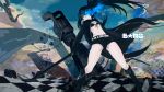  bikini_top black_hair black_rock_shooter black_rock_shooter_(character) blue_eyes boots chain chains glowing glowing_eyes highres long_hair maniax_graphix midriff navel scar short_hair shorts solo sword twintails weapon 