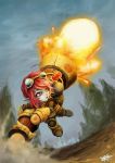 :o armor artist_request blue_skin explosion goggles highres league_of_legends pointy_ears red_eyes red_hair redhead short_hair smiley_face solo tree tristana 