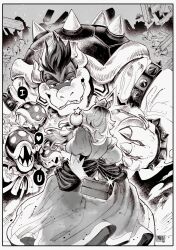  1boy 1girl armlet bowser bracelet collar commentary crown flirting gift highres jewelry monochrome ngmanhho princess_peach spiked_armlet spiked_bracelet spiked_collar spiked_shell spikes super_mario_bros. turtle_shell untranslatable_commentary 