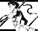  ahoge armor fate/zero fate_(series) gae_buidhe gae_dearg greyscale highres lancer_(fate/zero) letterboxed male monochrome polearm solo spear uousa weapon white_background 