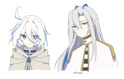  1boy 1girl ahoge closed_mouth commentary cosplay frieren frieren_(cosplay) furina_(genshin_impact) genshin_impact heterochromia highres himmel_(sousou_no_frieren) himmel_(sousou_no_frieren)_(cosplay) long_hair neuvillette_(genshin_impact) pointy_ears reiu_(rriuette) short_hair simple_background sousou_no_frieren white_hair 