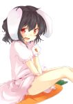  animal_ears bare_legs black_hair bunny_ears carrot dress fang highres inaba_tewi jewelry mokoke necklace open_mouth pendant rabbit_ears red_eyes short_hair simple_background sitting solo touhou v_arms 