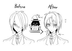  1other absurdres business_suit comb deltarune expressionless greyscale hair_spray highres hikokisleep247 kris_(dark_world)_(deltarune) kris_(deltarune) kris_(gangster)_(deltarune) monochrome necktie ponytail ralsei ralsei_(hat) suit sweat utdr_(toby_fox) 