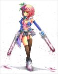  1girl alisa_boskonovich android asymmetrical_clothes asymmetrical_legwear blood blood_on_face blood_splatter breasts chainsaw cleavage flower garter_straps gloves green_eyes hair_flower hair_ornament multicolored_hair namco navel pink_hair purple_hair rose shinizama short_hair shorts single_sleeve solo tekken thigh-highs two-tone_hair 