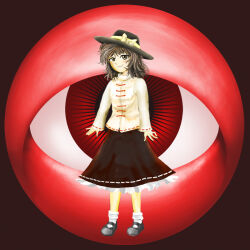  1girl black_hair black_hat black_shoes black_skirt blush_stickers bow frilled_skirt frills grey_eyes hat hat_bow kams komeiji_satori looking_at_viewer pose_imitation red_eyes shirt shoes short_hair skirt smirk socks third_eye touhou usami_renko white_shirt white_socks zun_(style) 
